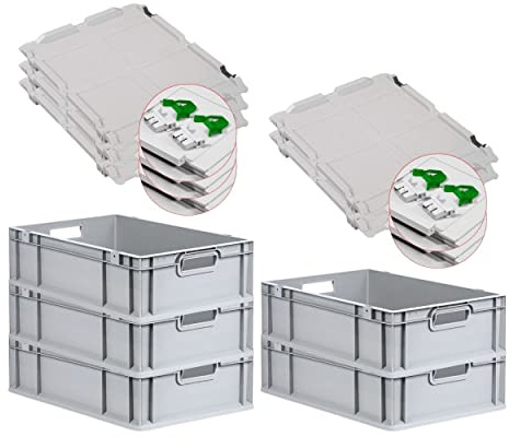 PROREGAL SuperSparSet 5x Eurobox NextGen Grip mit Scharnierdeckel und grünen Schiebeschnappverschlüssen, HxBxT 17x40x60cm, 34 L, Grau, Griffe offen, Eurobehälter, Transportbox