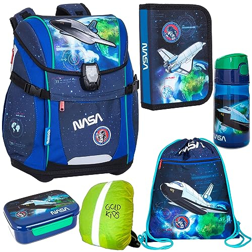 Goldkids Schulranzen Schulranzen-set NASA USA Weltraum Ranzen Kinderrucksack Federmappe Schuhbeutel Trinkflasche Brotdose Regenschutz Motivdruck Flugzeug 6-teilig
