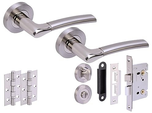 HANDLEZONE® Ursa Door Handles on Rose Bathroom Lock Pack with 75mm Ball Bearing Hinges and 76mm Lock - Dual Polished/Satin Nickel