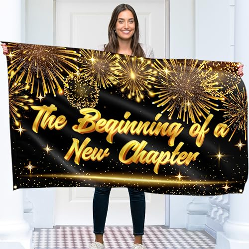 The Beginning of a New Chapter Banner - Good Luck Banner - Congratulations Banner - Happy Retirement Banner - Well Done Banner - Graduation Banner - 1.5 m x 0.9 m (Black & Gold)
