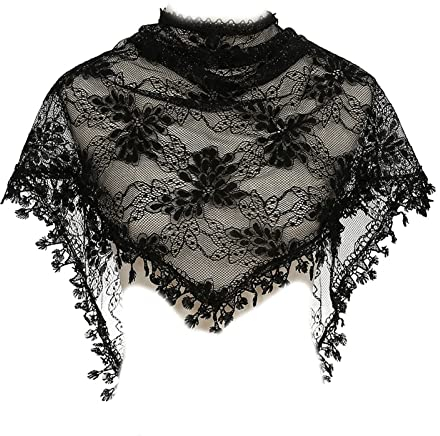 Dreieckstuch Spitze für Dreieckstuch mit Fransen Blumendruck Schal Spitze Fransen Schal Sommer Hijab für Frauen Leicht, Schwarz , 20in*20in