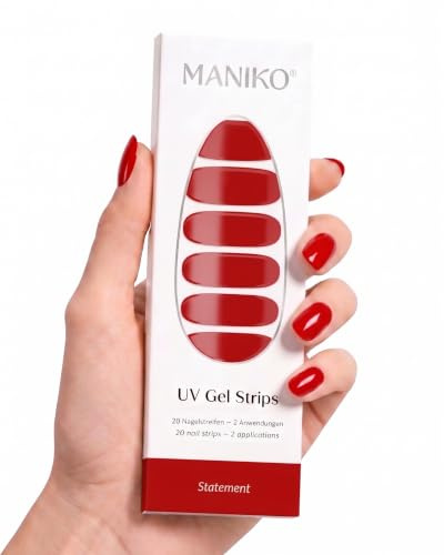 Maniko UV Gel Strips Statement Rot – 20 UV Nagelsticker, 2 Anwendungen | UV Nagellack zum Kleben, selbstklebende Nagelfolie für natürliche Nägel, vegan & langanhaltend – Geschenk zu Geburtstag