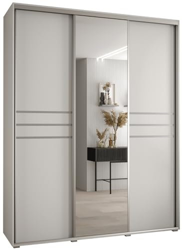 MEBLE KRYSPOL Davos 11 200 Schrank mit DREI Schiebetüren für Schlafzimmer - Moderner Schrank mit Spiegel, Kleiderstange und Regalen - 235,2x200x60 cm - Weiß Weiß Silber