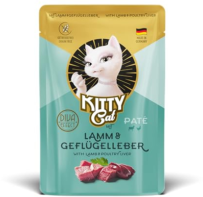 KITTY Cat Paté Cordero e hígado de Aves de Corral, 6 x 85 g, Comida húmeda para Gatos, sin Cereales, con taurina, Aceite de salmón y mejillón de Labios Verdes, pienso Completo con Alto Porcentaje de