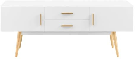 Helloshop26 Meuble TV Design Support télé Banc Pieds en Bois 140 cm Blanc 03_0005867