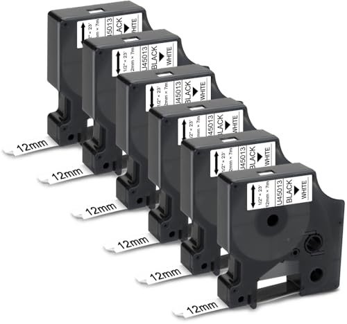UniPlus 6x Kompatibel für Dymo D1 45013 s0720530 45013s A45013 Etikettenband D1 12mm x 7m Schwarz auf Weiß Etiketten für Dymo Labelmanager 160 280 210d 360D Labelpoint 150 200 Labelwriter 450 Duo