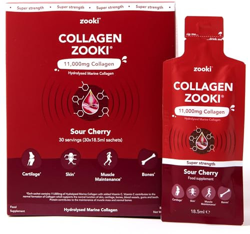 Zooki 11,000mg Super Strength Marine Collagen Liquid Sachets | Hydrolysed Peptides | Ultimate Skin, Hair, Nails, Joints, Bones & Muscles Support (Sour Cherry Flavour, 30 Servings)