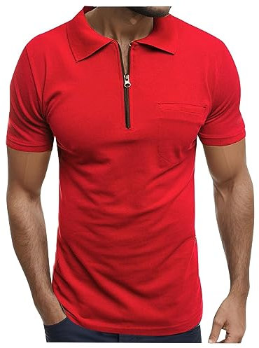 T-shirt da uomo estate moda tinta unita polo camicia risvolto a maniche corte con tasca e cerniera taglio classico t-shirt sportiva tuta confortevole traspirante outdoor casual, rosso, L