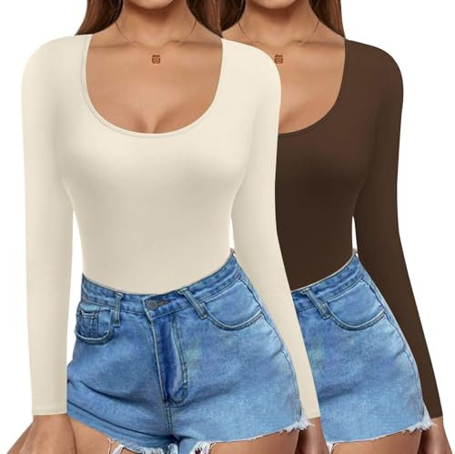 Ekouaer Women's Long Sleeve Slim Fit Shirts Crop Tops Casual Crew Neck Tight T-Shirt Basic Thermal Blouse Tee Tops, Beige+Coffee, S