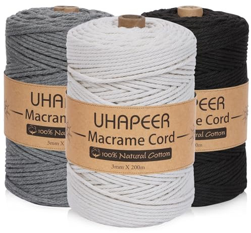 UHAPEER Cordoncino in cotone macramè da 200 m x 3 mm, in cotone naturale a 4 strati, 3 colori macramè, beige, bianco e grigio, nero, corda di cotone per artigianato, macramè, per appendere piante fai