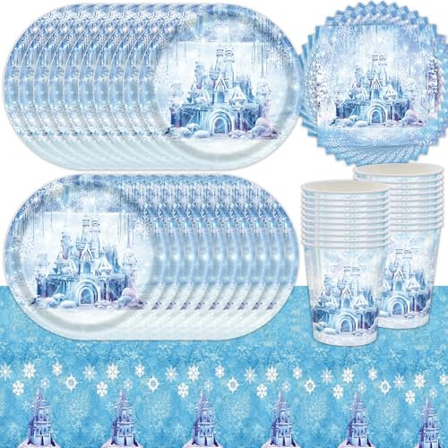 Ensemble de vaisselle de fête 61 pièces Motif château de la Reine des Neiges, fournitures de décoration de fête princesse, flocon de neige, vaisselle en forme de château bleu comprenant des assiettes