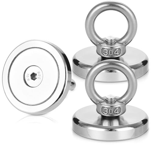 TIDEVAN 2 Stück Magnete Stark,Groß 50kg Neodym-Magnet,Durchmesser 42 mm Starker Magnete Schwerlast Neodym Ösenmagnet Magnethaken Magnet Fishing mit Heberinge und Schrauben für Zuhause Werkstatt Rasen