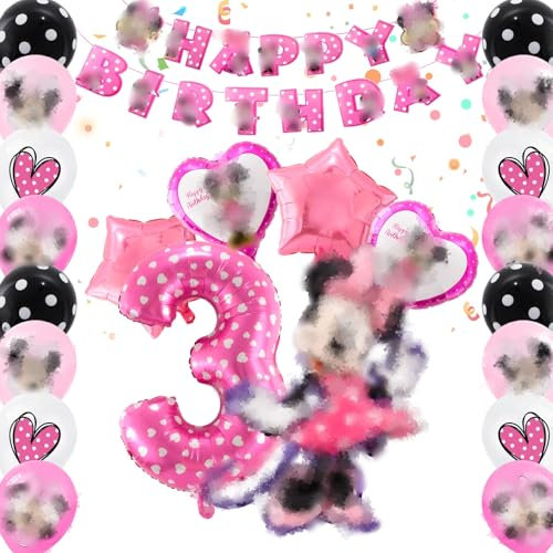 Mouse Decorations - 23 PCS, Happy Birthday Banner, Balloons, 3rd Birthday Themed Party Supplies, Pink