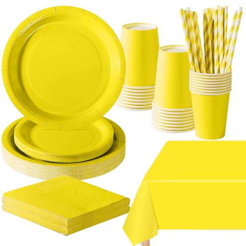 PYAILI Stoviglie per Feste 121 Pezzi Giallo Festa della Addobbi Ragazza di Compleanno dei Dambini Articoli per Feste Set Include Piatto Carta Party Tazze Tovaglioli -24 Ospiti