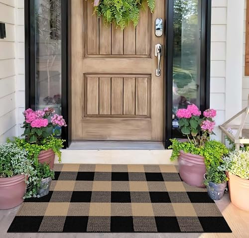 Black and Tan Layering Porch Mat 24''x35''Buffalo Plaid Indoor/Outdoor Rug Cotton Woven Layered Doormat for Hello/Welcome Door Mat,Bedroom,Farmhouse,Entryway