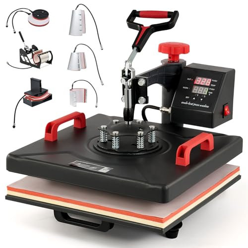 CREWORKS Presse à Chaud 38x38CM 8 en 1 Machine de Transfert à Chaleur Plateaux Pivotant à 360° Contrôle Numérique de Durée et Température avec Accessoires pour Tasse Chapeau Assiette Capuchon
