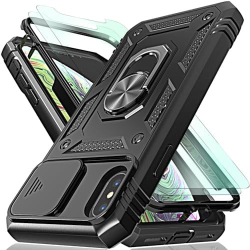 for iphone X Case iphone XS Case with Camera Cover Slider, 2*Screen Protectors,Build in 360°Rotating Ring Kickstand, Military Grade Protective Case for iphone X/XS-Black