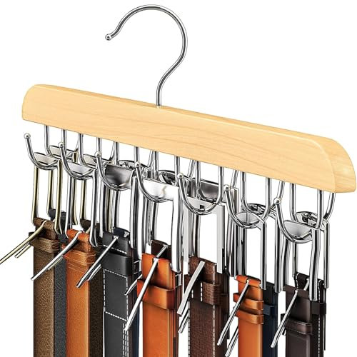 Soporte Percha Cinturones,Soporte de Madera para Cinturón con 14 Ganchos Metálicos,Perchero Giratorio de 360°Colgador De Cinturón Percha para Cinturón de Armario para Sujetadores,Corbatas, Bufandas