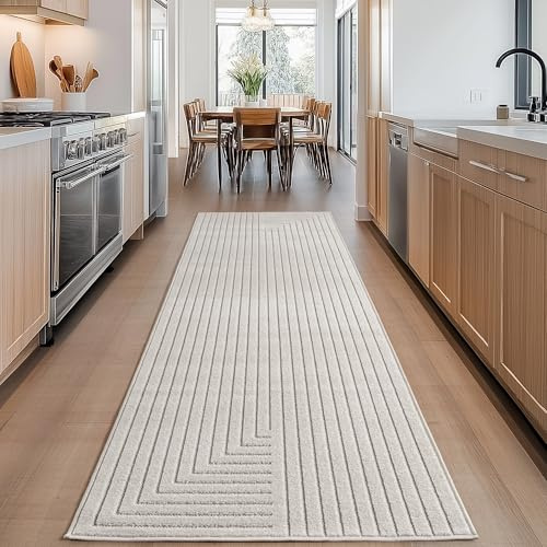Carpettex Outdoor Teppich wetterfest, Wohnzimmer, Schlafzimmer, Garten, Balkon, Kurzflor Creme, Hoch-Tief-Effekt, weich & waschbar, pflegeleicht, 80x250 cm