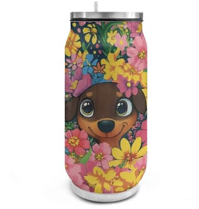 Yexignaon Flower Dog Water Bottle Stainless Steel 500ml Kids Water Bottle with Straw Drinking Flasks for Hot and Cold Drinks Small Tumbler Travel Cup
