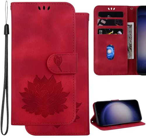 Ammeer Coque pour LG V40 ThinQ, Relief Lotus Modèle Magnétique Flip Folio Cover Téléphone Housse Étui Wallet Portefeuille Case PU Cuir Supporter - Rouge