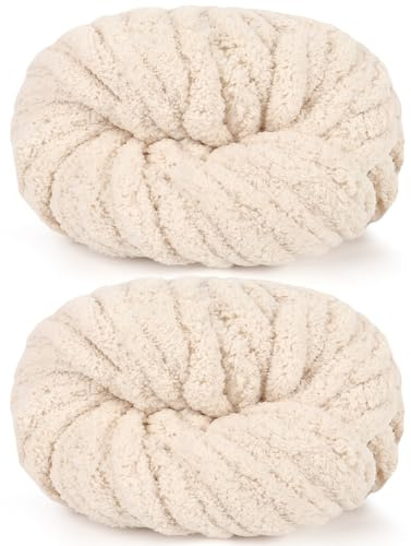 Reessy Chunky Yarn for Hand Knitting, 2×250g Super Chunky Yarn-Beige White | Soft Thick Wool Jumbo Yarn for Crocheting, Fluffy Plush Blanket Yarn for Knitting Blanket Pet Bed Mats Sofa Mats