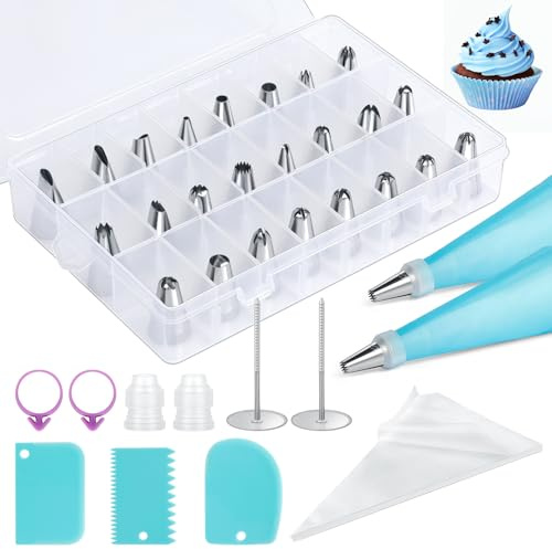AiQInu Beccucci Sac a Poche Professionali 46 Pcs,sac a Poche in Silicone Riutilizzabile Lavabile, Saccapoche per Dolci, Sacca a Poche per Dolci,Kit Pasticceria con Beccucci per Torte Cupcakes Biscotti