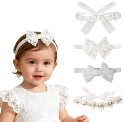 4 Pezzi Fasce Neonato per Capelli per Neonati, Fascia Capelli Neonata, Fascia Capelli Bambina, Colore Bianco, Estensibili, a Doppia Punta, in Nylon per Neonati, Idea Regalo per Neonati