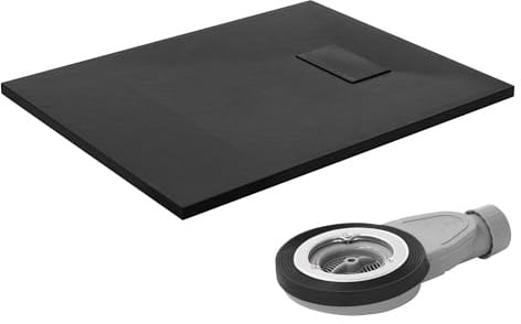 LuxeBath Receveur de Douche 90x70 cm Noir avec Garniture de Vidange, SMC Extra Plat Résistant, Hauteur 30 mm, Bac Rectangulaire pour Salle de Bain, Surface Antiglisse Aspect Ardoise, Montage Simple
