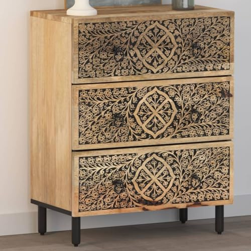 XHNIFBN Beistellschrank Mangoholz 60x33x75 cm mit handgeschnitztem Retro-Blumenmuster Eisenbeine Stauraum Kommode für Flur Schlafzimmer und Wohnzimmer