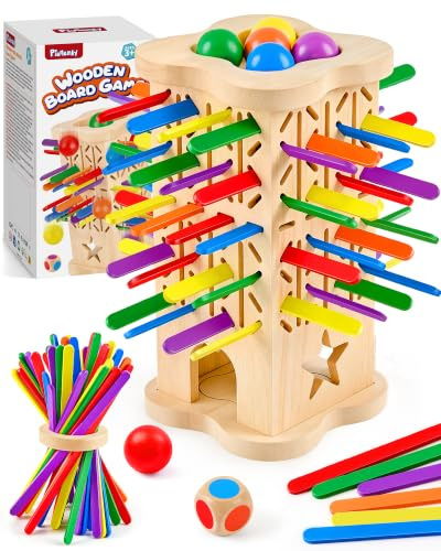 Piunemky Montessori Holz Brettspiel ab 3–6 Jahre mit bunten Stäbchen & Ball | Holzspielzeug Kinder, Lernspielzeug zur Förderung von Motorik & Konzentration, Geschenk für Mädchen Jungen, Kompakt & Tragbar