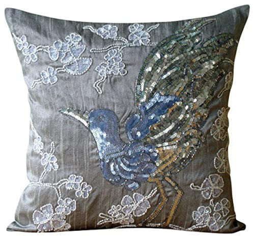 The HomeCentric Grau Kissenbezuge, Pailletten Und Perlen Vogel - Entwurf Kissen Decken, Wurfkissenbezuge 40x40 cm, Platz Seide Kissenbezuge, Blumen Zeitgenossisch Kissen Fälle - Silver Birdy