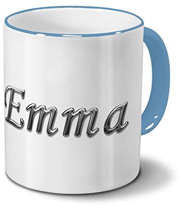 Tasse mit Namen Emma - Motiv Chrom-Schriftzug - Namenstasse, Kaffeebecher, Mug, Becher, Kaffeetasse - Farbe Hellblau