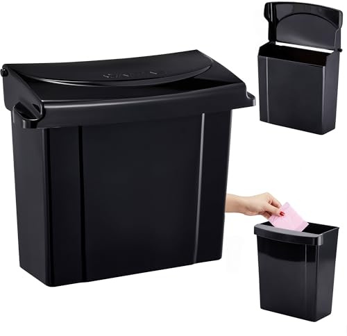 Alpine Sanitary Napkins Receptacle - Feminine Hygiene Products, Tampon & Waste Disposal Container - Durable ABS Plastic - Seals Tightly & Traps Odors -Easy Installation Hardware Included (Black)