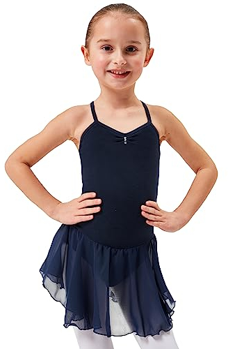 tanzmuster Kinder Ballettkleid Maja - süßer Spaghetti-Träger Ballettbody mit Chiffon Röckchen und Glitzersteinen in Marineblau, Größe:140/146
