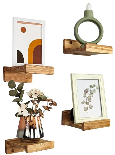 Handgearbeitet 4er-Set Schwebende Wandregal, Rustikale Holzregale mit Lippe, Kinderbücherregale, Bild & Fotoregal für Schlafzimmer, Wohnzimmer, Badezimmer, Küche, Büro (Natürlich, 13 cm)
