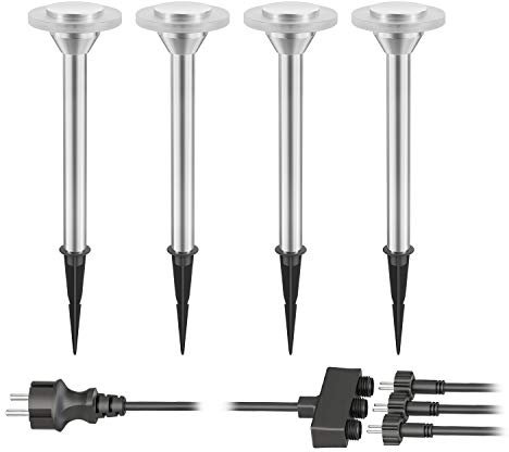 ledscom.de 4er Set LED Gartenleuchte ALF chrom matt mit Erdspieß für außen, IP44, je 70lm, warm-weiß