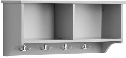 Home Source Wall Mounted Coat Rack, 4 Hook Coat Robe Hanging Unit with Storage Shelves Bathroom Hallway, Grey