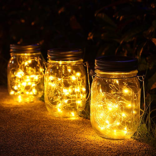 3 Stück Solarlampen fur Garten -30 LED Wetterfest Solar Einmachglas Aussen Lampions, Lichterkette im Glas,Gartendeko Solarleuchten für Weihnachten,Außen Laterne,Hochzeit, Party,Wand (Warm Weiß)
