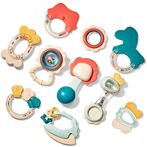 hahaland Rassel Beißring Baby Set, Silikon Baby Spielzeug ab 3 6 9 Monate, 10 PCS Shaker helfen Baby beim Zahnen und Greifen, BPA-frei Beissring Sensorik Spielzeug für Neugeborene Kleinkinder Geschenk
