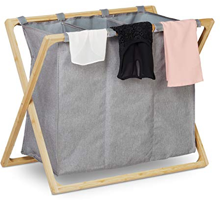Relaxdays Wäschesortierer, klappbarer Wäschesammler mit 3 Fächern, 3X 28 L, Wäschetrenner, 57,5 x 69 x 38 cm, grau/Natur