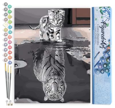 Figured'Art Peinture par Numéro Adulte Chaton Reflet Tigre - Activité Manuelle Kit de Loisir Créatif DIY Numéro d'Art Complet - 40x50cm sans châssis en bois