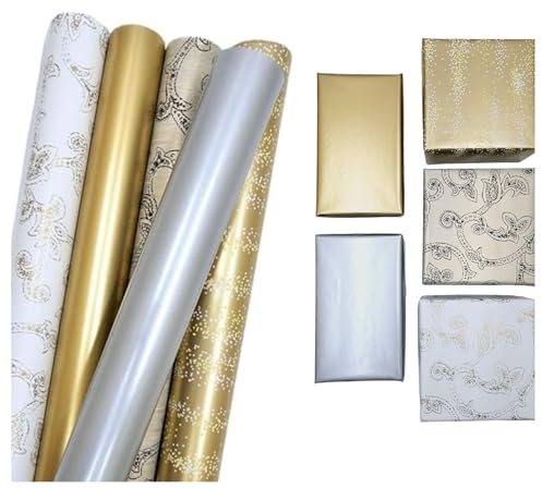 artwelten Home & Style Weihnachts Geschenkpapier Set 5 Rollen zu je 2m x 70 cm ideal für Hochzeit Geburtstag Weihnachten in Gold Silber Ornamenten Glitter Punkte - Geburtstagspapier (Gold)