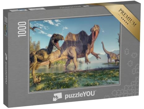 puzzleYOU: Puzzle 1000 Teile „Spinosaurus und Deinonychus, Dschungel-Szene, 3D-Illustration“ – aus der Puzzle-Kollektion Dinosaurier, Tiere aus Fantasy & Urzeit