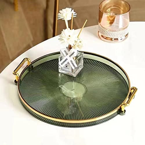 10.6 Round Decorative Tray with Handle, Modern Vanity Tray & Ottoman Serving Tray, Coffee Table, Kitchen & Bathroom for Coffee, Breakfast, Food & Beverages (Dark Green)