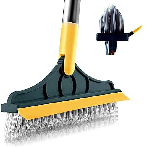 2 in 1 Cleaning Scrub Brush Grout Brush Scrape Floor Scrub Brush with Long Handle V-Shape Stiff Bristle Brush Scrubber with Squeegee 120°Rotating Crevice Tile Brush for Cleaning Bathroom Glass Wall