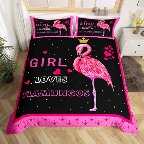 Homemissing Flamingo Housse de Couette Motif Flamant Tropical Parure de Lit 140x200cm Décor Animal Parure Housse de Couette pour Chambre d'enfant Décor Oiseaux Rose Rouge avec 1 Taie d'oreiller