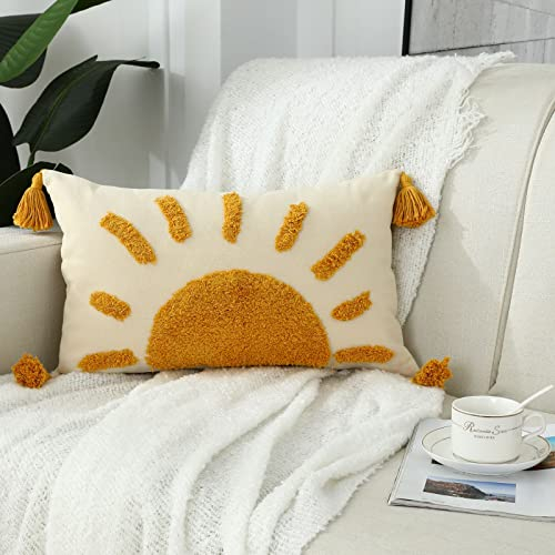 Labilin Kissenbezug 30x50 Gelb 1er Set Kissenbezüge Kissenhülle Gewebte Getuftete Sonnen-Lendenkissenbezüge mit Quasten Dekokissen Sofakissen Couchkissen Zierkissenbezug Deko Kissenhülle Wohnzimmer