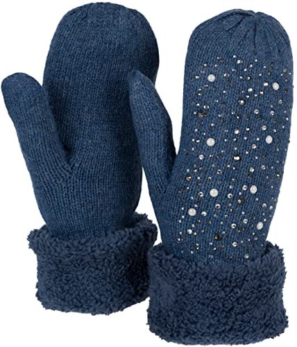 styleBREAKER Damen warme Winter Strick Fäustlinge mit Strass und Perlen, Handschuhe, Thermo Fleece, Strickhandschuhe 09010039, Farbe:Jeansblau