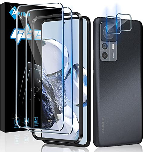 Aerku Protector de Pantalla para Xiaomi Mi 12T 5G / Mi 12T Pro 5G + Protector de Lente de Cámara [2 + 2 Piezas], 9H Ultra Resistente Cristal Templado Vidrio Templado para Xiaomi 12T Pro 5G | 2x Cristal Templado & 2x Protector de Lente de Cámara, 9H Anti-Rayones, 0,33mm Ultrafino, HD 99,9%, Instalación Sin Burbujas